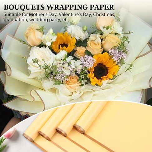 Srapwati 20 Sheets Gold Edge Flower Wrapping Paper, Yellow Bouquet Wrapping Paper Waterproof Floral Wrapping Paper, Florist Bouquet Supplies, DIY Floral Paper for Flower Shop Wedding in Saudi Arabia
