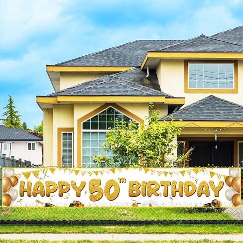 Fulmoon Large Happy 50th Birthday Decoration Banner 9.8x1.6ft Happy 50th Birthday Yard Banner Yard Signs Indoor Outdoor 50 Party Decorations Supplies(White, Gold) in Saudi Arabia
