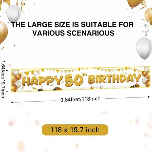 Fulmoon Large Happy 50th Birthday Decoration Banner 9.8x1.6ft Happy 50th Birthday Yard Banner Yard Signs Indoor Outdoor 50 Party Decorations Supplies(White, Gold) in Saudi Arabia