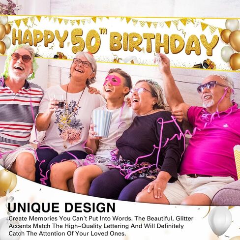 Fulmoon Large Happy 50th Birthday Decoration Banner 9.8x1.6ft Happy 50th Birthday Yard Banner Yard Signs Indoor Outdoor 50 Party Decorations Supplies(White, Gold) in Saudi Arabia