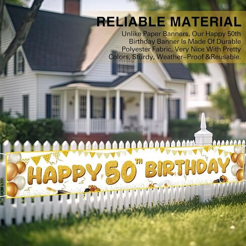 Fulmoon Large Happy 50th Birthday Decoration Banner 9.8x1.6ft Happy 50th Birthday Yard Banner Yard Signs Indoor Outdoor 50 Party Decorations Supplies(White, Gold) in Saudi Arabia