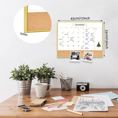 Whiteboard Calendar & Corkboard, 17" x 13" Dry Erase White Board & Bulletin Board, Gold Aluminum Frame Calendar/Cork Combo Board(ZHYL-Gold-3343-B+1) in Saudi Arabia