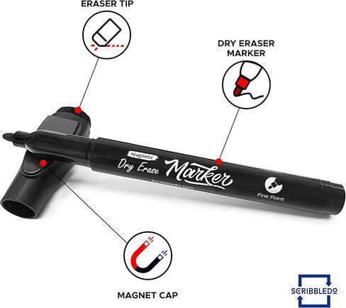 Scribbledo Magnetic Dry Erase Markers Fine Tip Black Color Low Odor Whiteboard Markers with Eraser Cap Thin Skinny White Board Markers for Adults Students Teachers Kids Art Home & School (4 Pack) in Saudi Arabia
