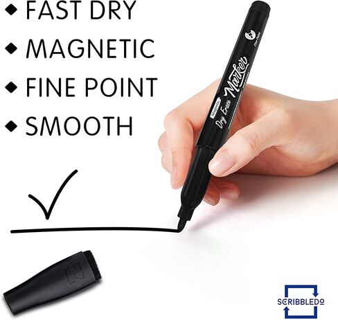 Scribbledo Magnetic Dry Erase Markers Fine Tip Black Color Low Odor Whiteboard Markers with Eraser Cap Thin Skinny White Board Markers for Adults Students Teachers Kids Art Home & School (4 Pack) in Saudi Arabia