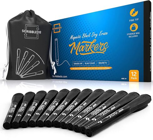 Scribbledo Magnetic Dry Erase Markers Fine Tip Black Color Low Odor Whiteboard Markers with Eraser Cap Thin Skinny White Board Markers for Adults Students Teachers Kids Art Home & School (4 Pack) in Saudi Arabia