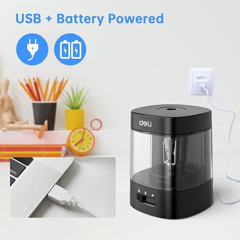 Deli Electric Pencil Sharpener, Automatic Pencil Sharpeners for No.2 Pencils Colored Pencils, USB & Battery Operated Pencil Sharpener for Kids, School, Home, Office, Classroom, Black in Saudi Arabia