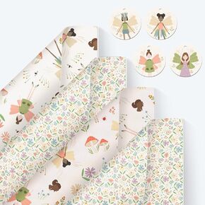 Cheerland Woodland Fairy Wrapping Paper – Enchanted Forest Gift Wrap for Girls' Birthday Baby Shower Sugar Plum Fairy Fantasy Themed Party Favors & Woodland Decorations 12 Sheets with Tags