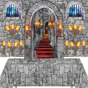 Tallew 13 Pcs Medieval Party Decorations, 2 Pcs Brick Stone Tablecloths,1 Castle Entrance Door, 2 Pcs Window Stickers 8 Pcs Torch Stickers Supplies for Medieval Knight Themed Castle Party(Cool)