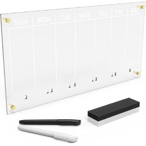 Acrylic Clear Calendar for Wall, 24" x 12" Weekly Planner with Dry Erase Board, Includes Markers, Eraser, and Gold Hardware. Modern Wall-Mounted Acrylic Planner for Home & Office Use (Weekly Calendar)