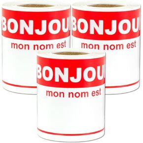 French Name Tags (4 x 2.3 inch, Red -300 Labels) Bonjour, My Name is Badges Stickers for Events, Reunions & Meet and Greets - Fabric Safe