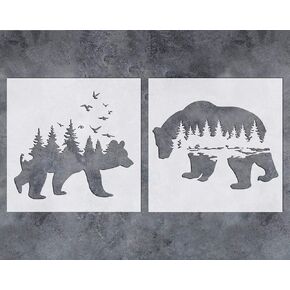 GSS Designs Mountain Forest Bear Stencil (2 Pack) - Reusable Stencil for Walls (12x12Inch) - Art Painting for Wall Canvas Furniture Cards Decor (SL-060)