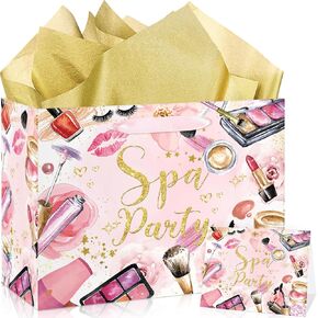 Spa Party Gift Bag Pink Spa Birthday Party Favors Bags with Tissue Paper Card Spa Party Gift Supplies for Women Spa Party Wrapping Paper Goody Bags Make up Party Bags Spa Party Decorations
