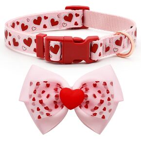 azuza Valentine's Day Dog Collar Removable Valentines Bowtie Dog Collar with Lovely Pink Heart Pattern Design Spring Dog Collar Valentines Day Gift for Small Dogs in Valentine's Day