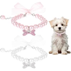 2Pcs Dog Cat Pearl Collar Necklace with Rhinestone Bone, Pet Pearl Necklace Bone Dog Cat Jewelry Set Fancy Cat Wedding Collar Jewelry for Puppy Pets (Pink+White)