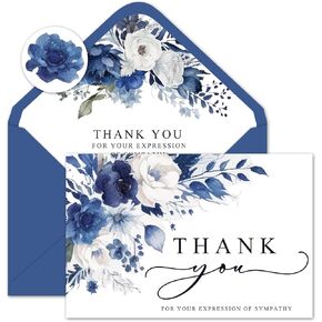 AnyDesign 30Pcs Floral Funeral Thank You Cards with Sticker Envelope, Watercolor Blue Flower Bereavement Card with Message for Memorial Service Loved Ones Celebration of Life