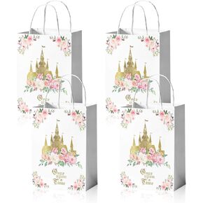 24 Pieces Once Upon a Time Birthday Party Favors Bags,Gold Castle Princess Fairytale Happy Birthday Gift Snacks Treat Candy Party Favors Bags with Handles for Princess Birthday Party Decorations