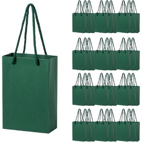 Umoofine Small Dark Green Gift Bag 50 Pack, 5x2x7.5 Inches Deep Kraft Gift Bags with Ribbon Handles, Reusable Heavy Duty Kraft Deep Green Paper Bags Bulk for Shopping, Wedding, Party, Gift