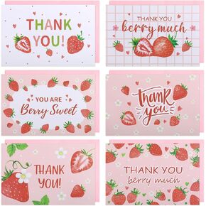 36 PCS Thank You Cards, 4x6 Inch Strawberry Pink Fruit Greeting Card With Envelopes & Stickers,Thank You Notes for Wedding Baby Shower Birthday Party Invitation Supplies(6 Style)