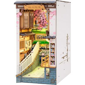 Rolife DIY Book Nook Kit 3D Wooden Puzzle for Adults 8.7" Bookshelf Indert Decor with LED Miniature Dollhouse Kit Bookend Crafts Diorama Hobbies Gifts for Boys Girls (Sakura Densya)