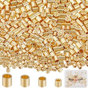 Beebeecraft 400Pcs 1.3/1.5/1.8/2mm 14K Gold Filled Tube Loose Beads Brass Crimp Beads Positioning Column Spacer Beads with Storage Box for DIY Necklaces Bracelets Anklets Making