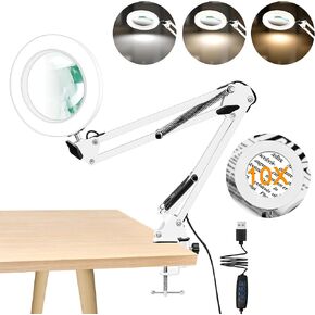 10X Magnifying Glass with Light and Clamp, 2-in-1 LED Magnifier Desk Lamp, 3 Color Modes 10 Level Dimmable, Hands-Free Lighted Magnifier for Craft Repair Nail Reading Close Works (White, Clamp)