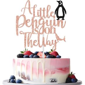 A Little Penguin is on the Way Cake Topper, Winter Baby Shower Cake Topper, Penguin Themed Baby Shower Decorations Girl, Winter Penguin Baby Shower Gender Reveal Party Decorations, Rose Gold Glitter