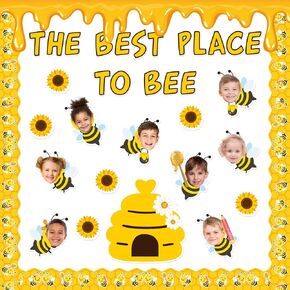 JarThenaAMCS 75Pcs Bee Bulletin Board Decoration Set Summer Bee Hive Sunflower Cutouts with Bulletin Border Stickers for Back to School Classroom Chalkboard Wall Office Home Decor