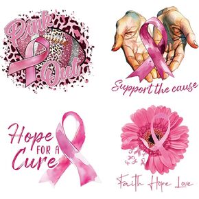 4Pcs Breast Cancer Awareness Iron On Transfers Pink Ribbon Heat Transfer Iron On Patches Breast Cancer Iron on Decals Pink Vinyl Stickers for T-Shirt Clothes Handbag Pillow Covers Hat DIY