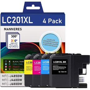 LC201 Ink Cartridges (Black, Cyan, Magenta, Yellow, 4-Pack) Compatible for Brother LC201XL Ink Cartridge Replacement for Brother LC201 LC203 XL Ink Work for MFC-J460DW MFC-J885DW MFC-J880DW Printer