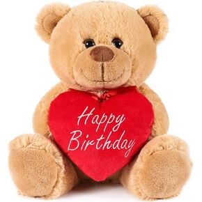 BRUBAKER Teddy Bear with Red Heart - Happy Birthday - 9.5 Inches - Cuddly Plush Toy - Light Brown