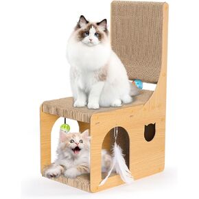 Cat Scratching Board,L Shape Cat Scratcher with Cardboard House for Indoor Adult Cats,Vertical Cat Scratch Pad for Wall and Furniture Protection(L:15.7" X 11" X 26.8")