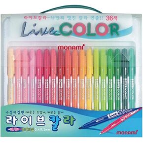 MONAMI LIVE COLOR Water-Based Twin Marker, Fine & Bullet Dual Tip Marker for Coloring/Drawing/Lettering/Decorating/Writing on notebooks and planners, Color Body Design 36-Pack