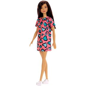 Barbie , Brunette, Wearing Pink and Blue Heart-Print Dress and Platform Sneakers, for 3 to 7 Year Olds (GHW46)