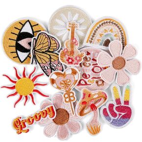 13pcs Groovy Iron on Patches, Retro Hippie Sew on Chenille Patches Boho Peace Flower Decorative Embroidered Applique Patches for DIY Clothing Jeans Backpack Hat Jacket