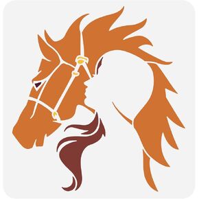FINGERINSPIRE Girl and Horse Stencil 11.8x11.8inch Reusable Girl Silhouette Painting Template DIY Art Horse Head Decoration Stencils for Painting on Wood Wall Fabric Paper Furniture