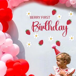 Berry First Birthday Backdrop Wall Decal - Strawberry 1st Birthday Decorations for Decal for Balloon Arch,Girls Party Photo Props,Sweet One Birthday Stickers for Balloon Arch, Strawberries Daisies