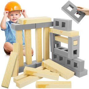 Leyndo 24 Pcs Foam Wooden Beam Soft Foam Brick Building Blocks Unit Fake Brick Building Blocks Giant Stacking Sets for Kids Toddler Construction(Multi Sizes,Wooden Color)