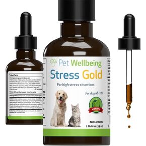 Pet Wellbeing Stress Gold for Dogs - Occasional High Stress and Restlessness, Supports Relaxation, Travel, Vet Trips, Skullcap, Valerian - Veterinarian-Formulated Herbal Supplement 2 oz (59 ml)