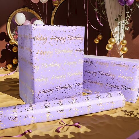 LDGOOAEL Mini Short Small Birthday Wrapping Paper Roll (17 Inches X 32.8 Feet) - Purple with Gold Foil for Holiday, Mothers Day, Birthday, Wedding, Baby Shower in Kuwait