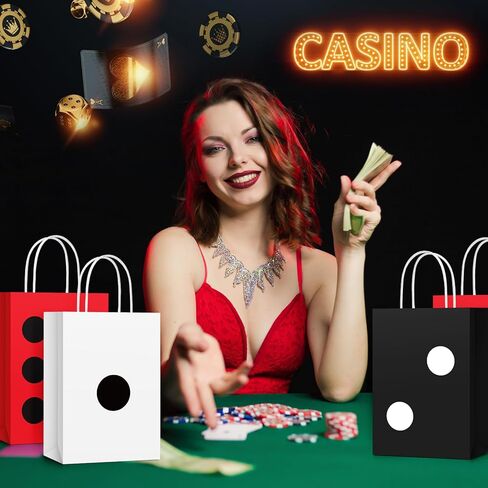 Dispowreath 24 PCS DICE Party Gift Pags Casino Party Forme Paper Paper Forms Supplies Las Vegas Poker Goody Treat Paper For Casino Birthday Party ، 8.3 × 6 × 3 بوصات (أسود ، أحمر ، أبيض) in Kuwait