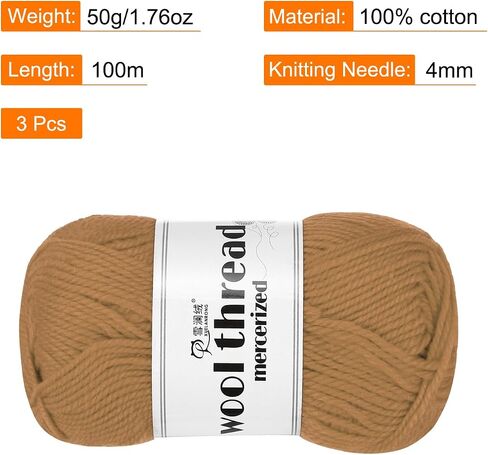 Cotton Yarn,100% Cotton Soft Knitting Yarn [for Hand DIY Bag Cushion Crocheting Knitting Project Home Decor] -3 Skeins of 150g/5.29oz(Per Skein 50g/109yards)/Coffee in Saudi Arabia