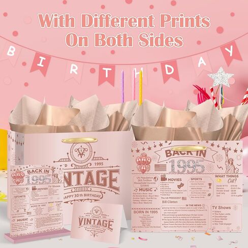 Rose Gold Vintage 30th Birthday Gift Bag for Women Large Pink Back in 1995 Happy 30th Birthday Gift Bag with 30th Birthday Wrapping Paper Poster Card for 30th Birthday Decorations Party Supplies in Saudi Arabia