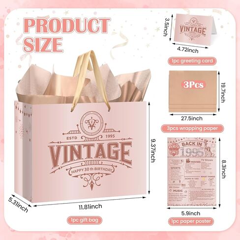Rose Gold Vintage 30th Birthday Gift Bag for Women Large Pink Back in 1995 Happy 30th Birthday Gift Bag with 30th Birthday Wrapping Paper Poster Card for 30th Birthday Decorations Party Supplies in Saudi Arabia