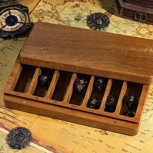 Wooden DND Dice Case with Magnetic Lid for Storing Multiple Sets of 7 Polyhedral Dice for D&D Tabletop Games in Saudi Arabia