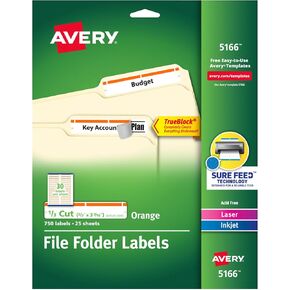 Avery TrueBlock File Folder Labels, 2/3" x 3-7/16", 750 Printable Labels, White/Orange, Permanent (5166)