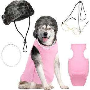 4 Pieces Old Lady Costume for Dog Halloween Grandma Dog Costume with Pink Dog Dress Glasses Dog Old Lady Wig and Necklace for Halloween Pet Party Cosplay