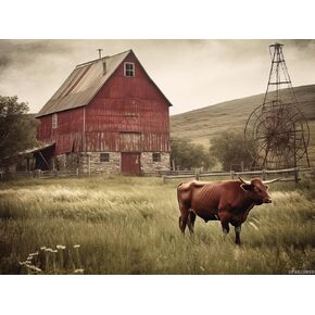 UPABLUNSO Farmhouse Red Old Barn Country Windmill Landscape Rustic Highland Cow Vintage Nature Scenery 5D Adult Diamond Art, DIY Diamond Art Painting Kit for Decor Canvas 30x40cm/12x16inch