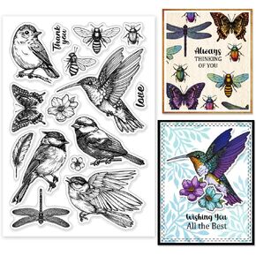 GLOBLELAND Bird Dragonfly Clear Stamps Butterfly Bee Hummingbird Feather Silicone Clear Stamp Seals Flowers Insect Animals Transparent Stamps for DIY Scrapbooking Cards Making Photo Album Journal