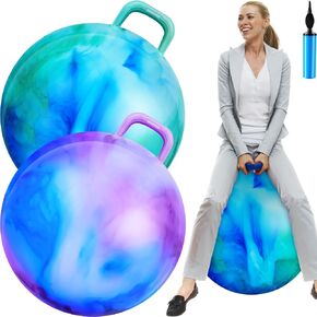 Lewtemi 2 Pcs 29 Inch Big Bouncing Ball with Handle Hopper Ball Jumping Hopping Ball Bouncy Ball for Adults Exercise Ball and Air Pump for Outdoor Sports Game(Blue Pink Cloud, Blue Purple Cloud)