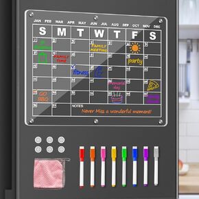 Acrylic Magnetic Dry Erase Board Calendar for Fridge,Clear Monthly Planner Fridge Calendar with 8 Color Markers-15 x11